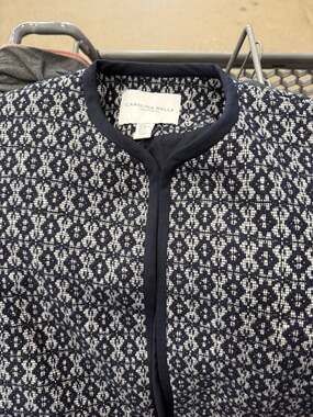 Carolina Belle Montreal Navy and White Geometric Pattern Collarless Open Front J